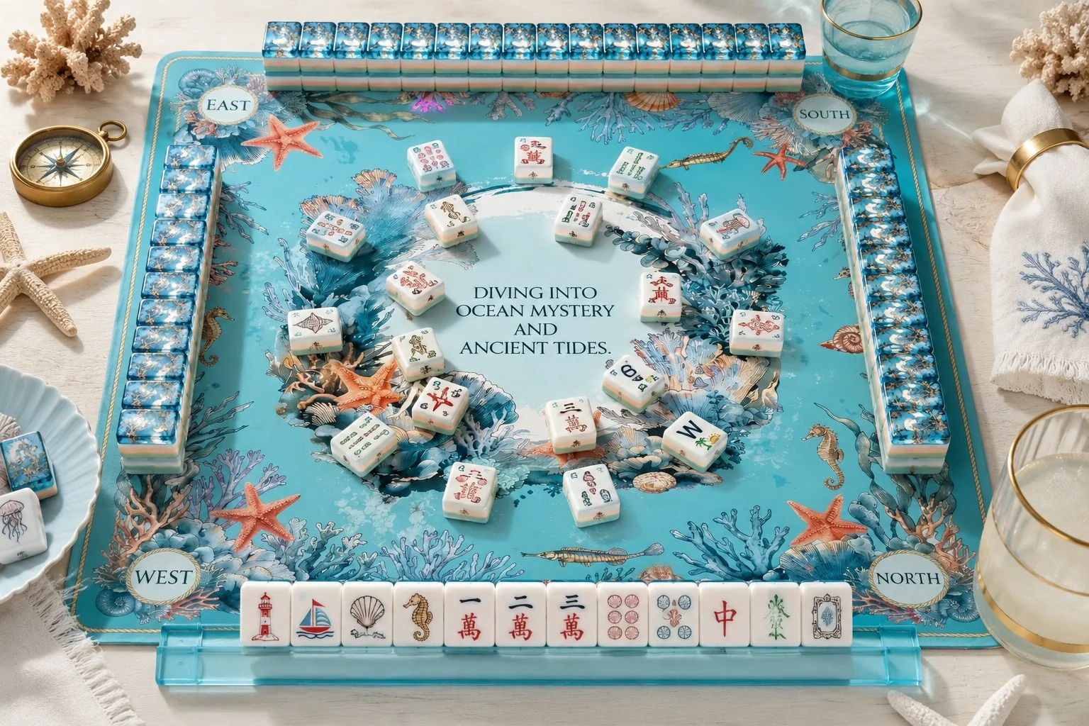 Coastal-inspired American Mahjong tiles arranged on a game table
