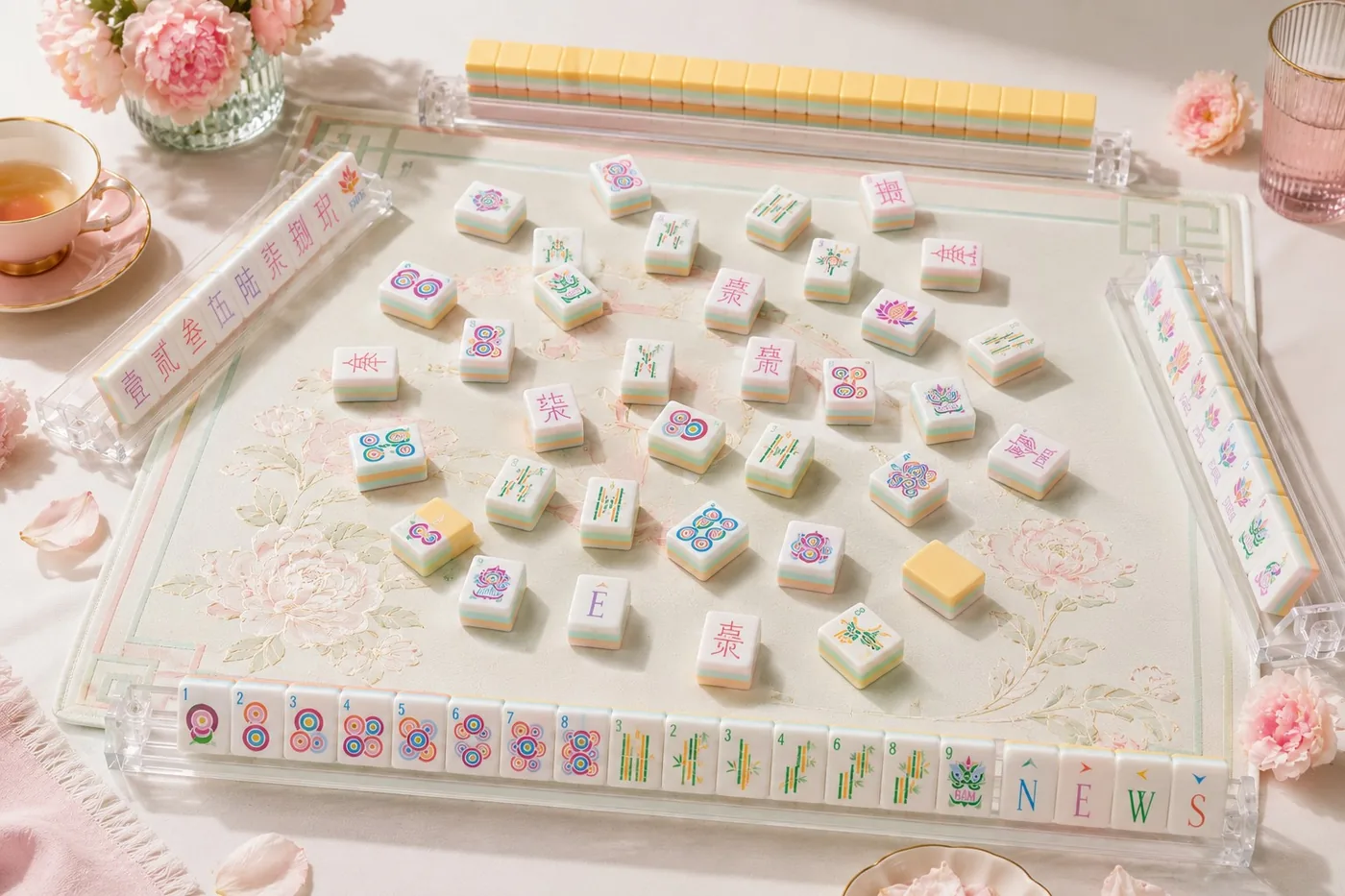 Pastel American Mahjong set displayed on a table
